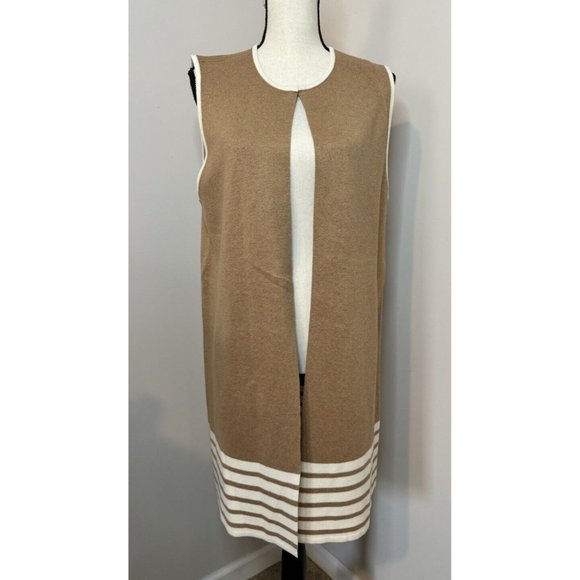 Talbots Sweaters - Talbots NWT Women’s Large Cardigan Sweater Camel Beige Long Sleeveless Striped